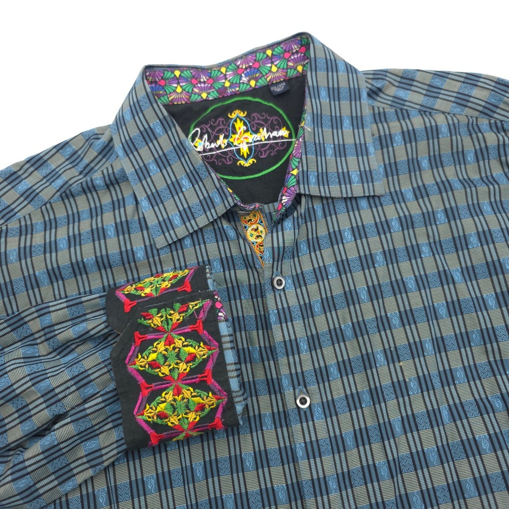 Robert Graham Mens 2XL Blue Plaid Flip Cuff Jacquard Long Sleeve Button Shirt